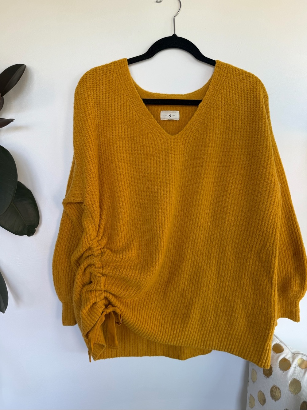 Lou & Grey V-Neck Side-Ruched Sweater in Mustard